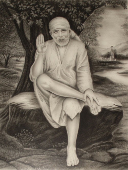 Grayscale charcoal and pencil drawing of a seated figure beneath a tree, signed V.L. Birla 07