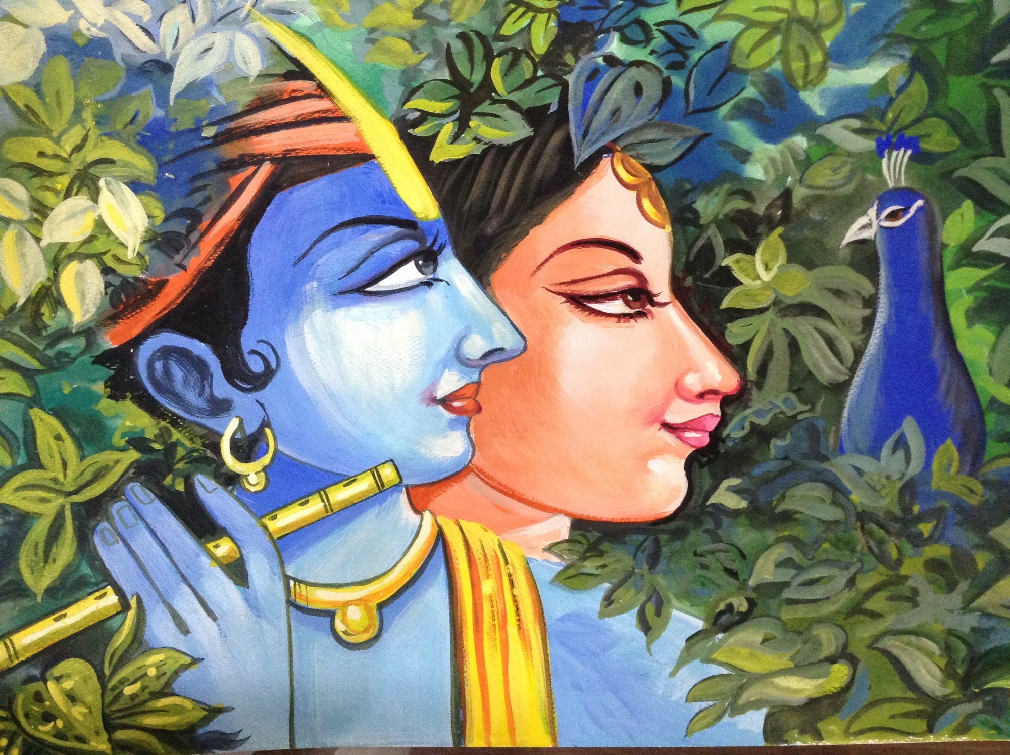Krishna and Radha in profile among lush leaves with a peacock