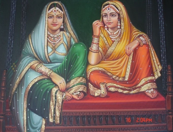 Two richly dressed Moghul queens seated together on a swing