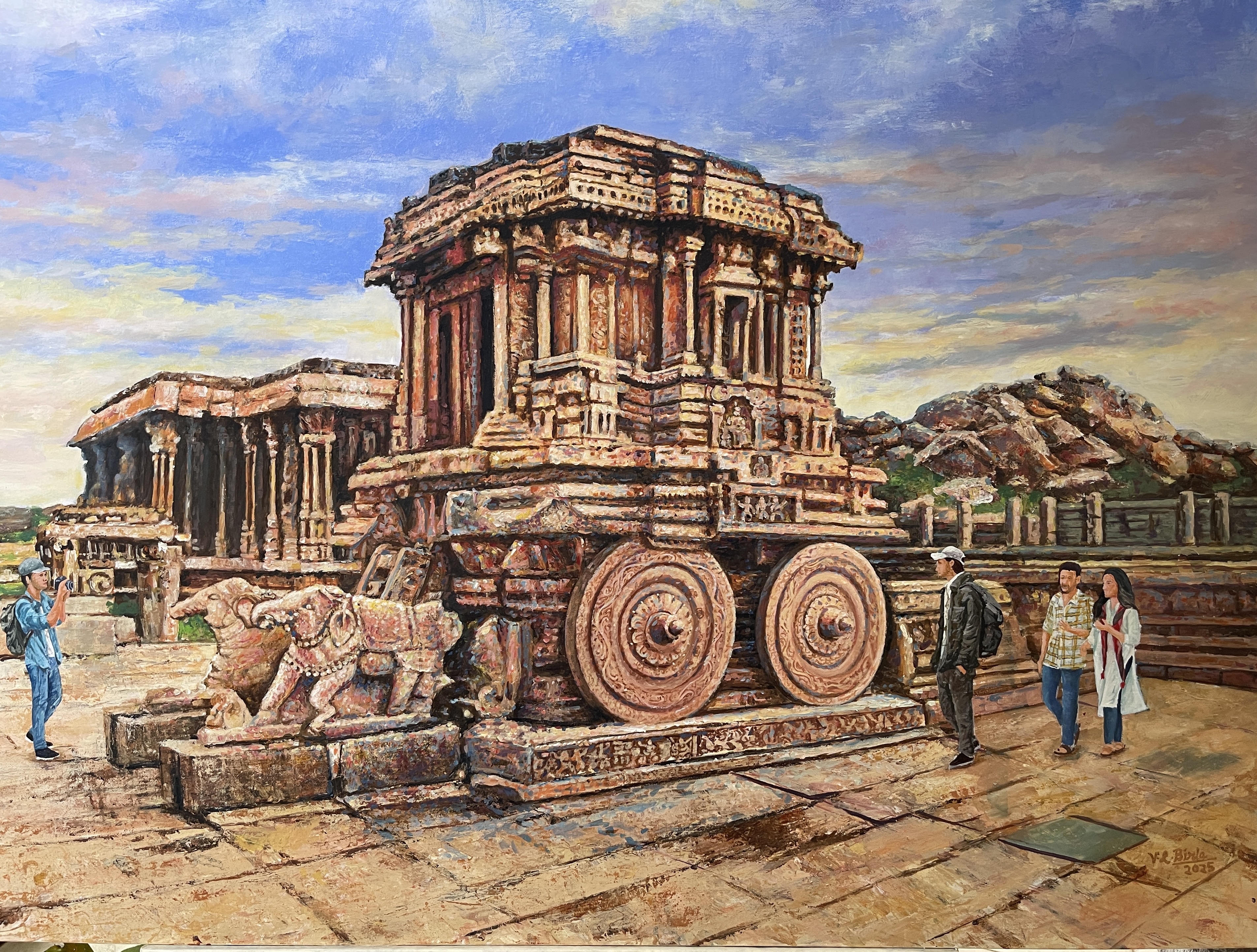 Vivid acrylic painting of the carved Stone Chariot at Hampi, India