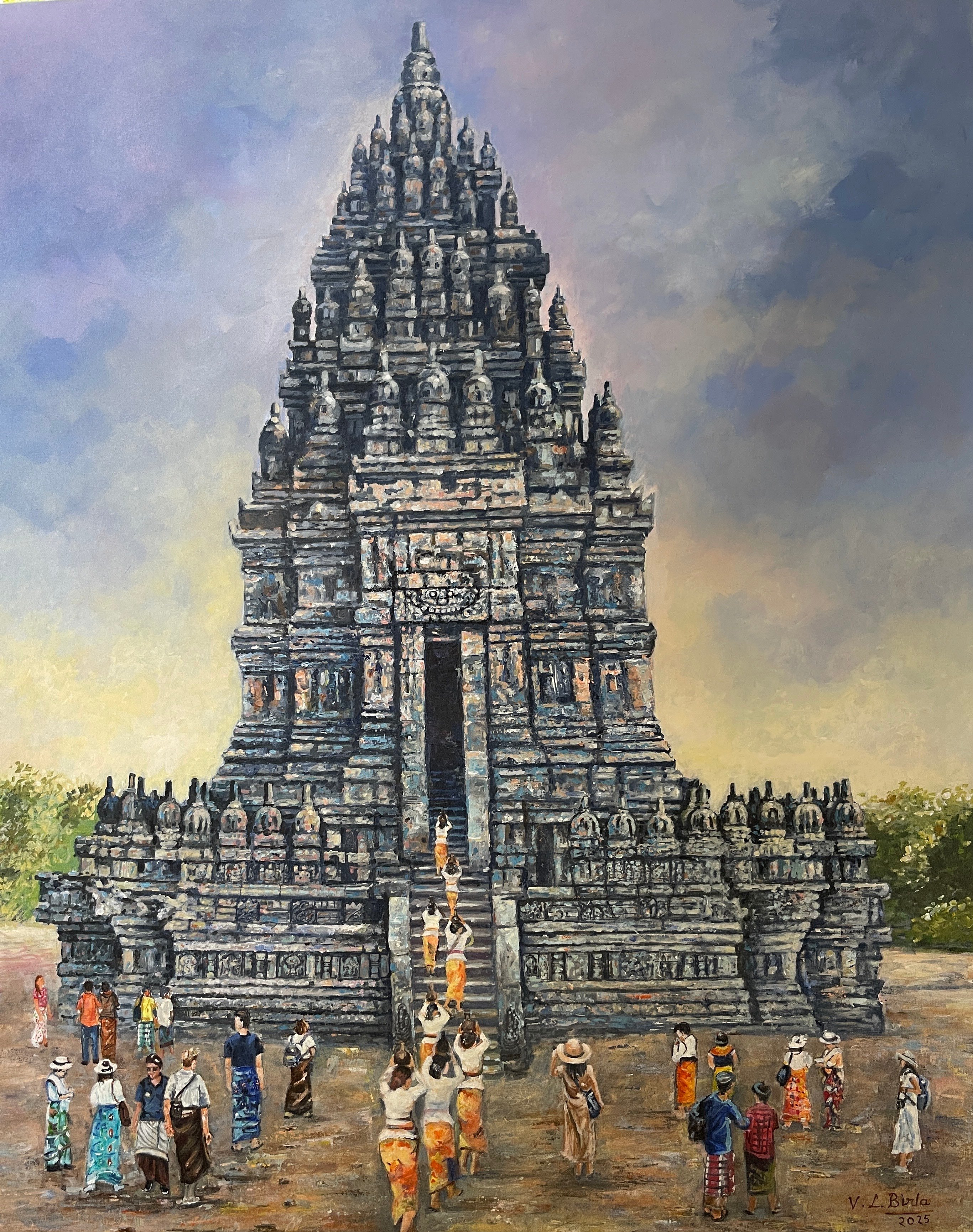 Vertical acrylic painting of the soaring spires of Prambanan Temple