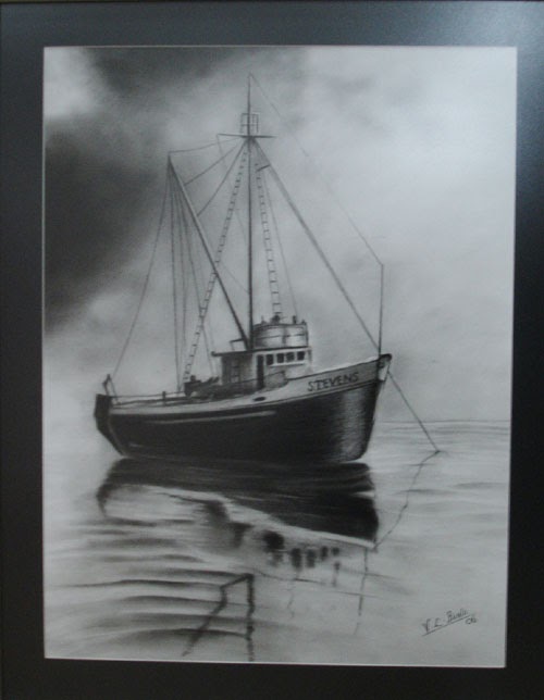 Charcoal drawing of a sailboat at sunset