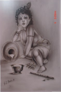 Monochrome study of young Krishna eating butter beside a clay pot