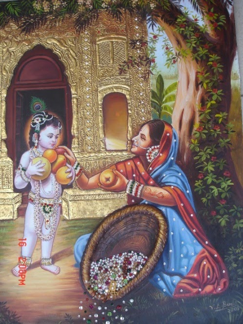 Little Krishna playfully spilling a large basket of grain