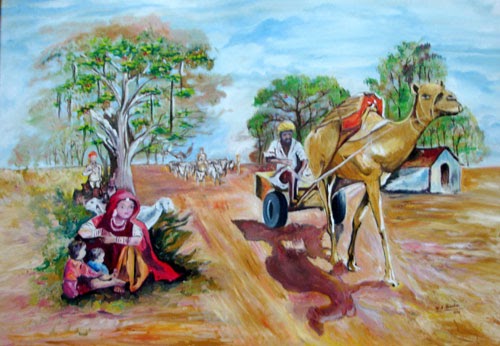 Camel cart crossing sandy tracks in rural Rajasthan