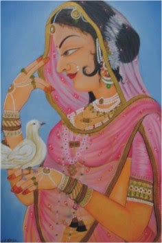 Painted portrait of Banithani of Kishangarh in a pink veil holding a flower