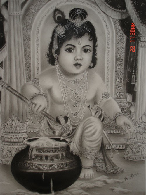Monochrome study of the child Krishna beside a butter pot