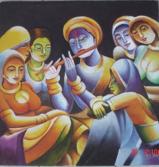 Krishna playing the flute among gopis in vivid colours