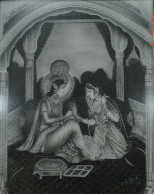 Monochrome Krishna Leela scene with figures gathered beneath arches