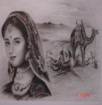 Monochrome portrait of a Rajasthani woman with desert camels behind her